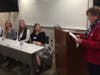 Emily Rosecrans, Nicolina Farmer, Anna Wietrecki and Abby Glynn look on as Ruth Chick talks about her experience as a Medfield girls state citizen at Massachusetts GS in 1952.