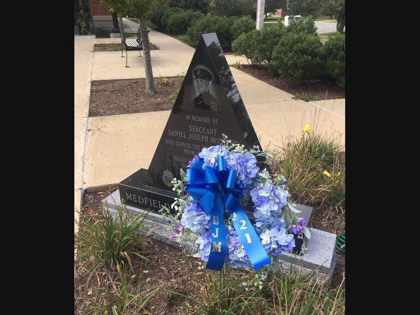 2021 Wreath placed at Sgt McCarthy's memorial at the Public Safety Bldg.