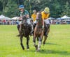 Norfolk (green Jerseys) versus Dedham (yellow Jerseys) competing for while polo ball  