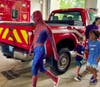 Spider=Man took a short tour of the Medfield Fire Department trucks