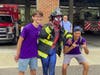 Spidey sporting Medfield Fire Department helmet and jacket with two camp counselors