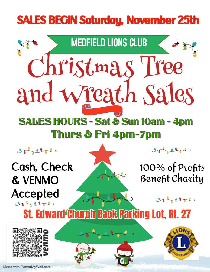 Nov 25 Medfield Lions CHRISTMAS TREE & WREATH Sales BEGIN 11/25