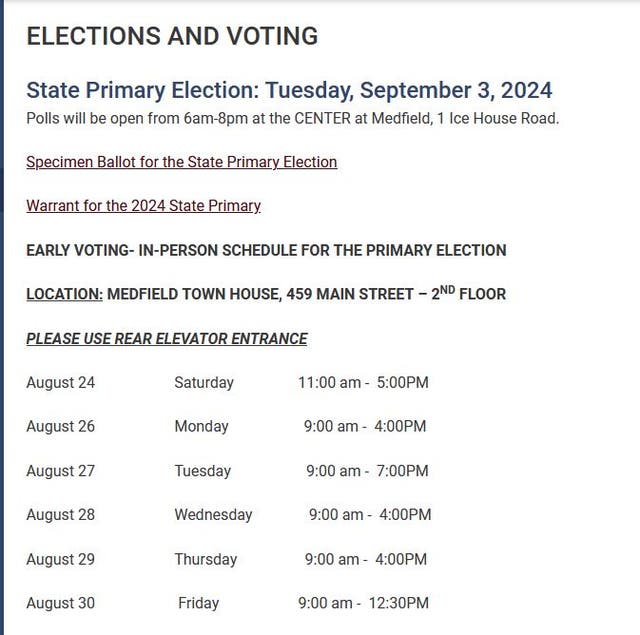 Medfield Early In-Person Voting Schedule: State Primary Election ...