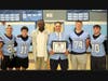 MHS Football Coach Erik Ormberg, center, the latest NE Patriots Coach of the Week, asked the team's seniors to join him when he was recognized by NFL Hall of Fame linebacker Andre Tippett, the current Exec.Director of Community Affairs for the NE Patriots