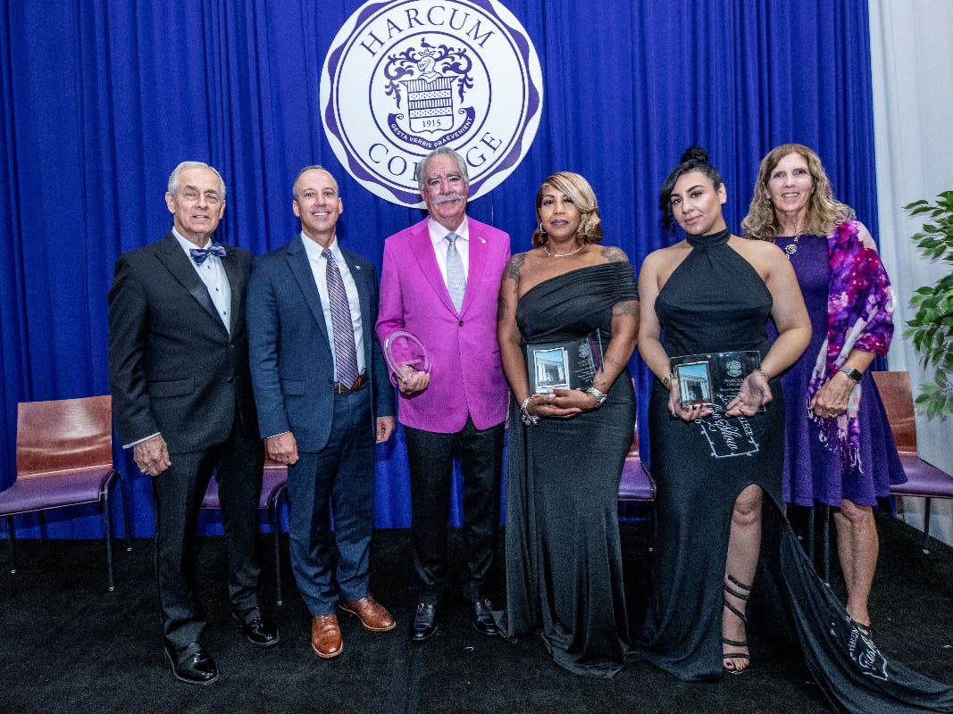 Dr. Jon Jay DeTemple, Harcum President; David Jacobson, Board of Trustees Chair; J. Michael McNamara, Circle of Excellence Awardee; Shawnté K. Christmas ‘09, Arisabel Vasquez ‘14, Outstanding Alumna Awardees.
