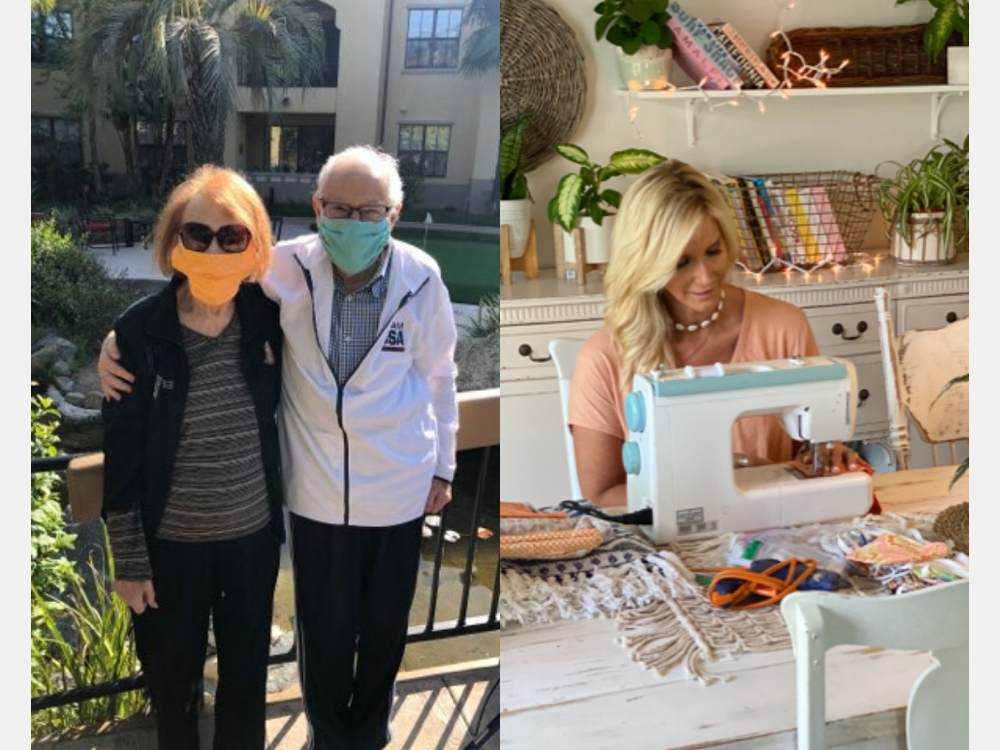 (Left to Right) Recipients of the handmade masks Phylliss & Marvin Seidman and one of the 18 seamstresses Minette Daland from Thousand Oaks