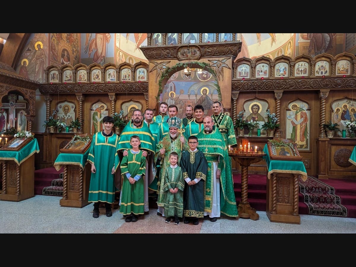 Archbishop Michael, clergy, and altar servers following the Hierarchical Divine Liturgy and Vespers with Kneeling Prayers for the Feast of Holy Pentecost.