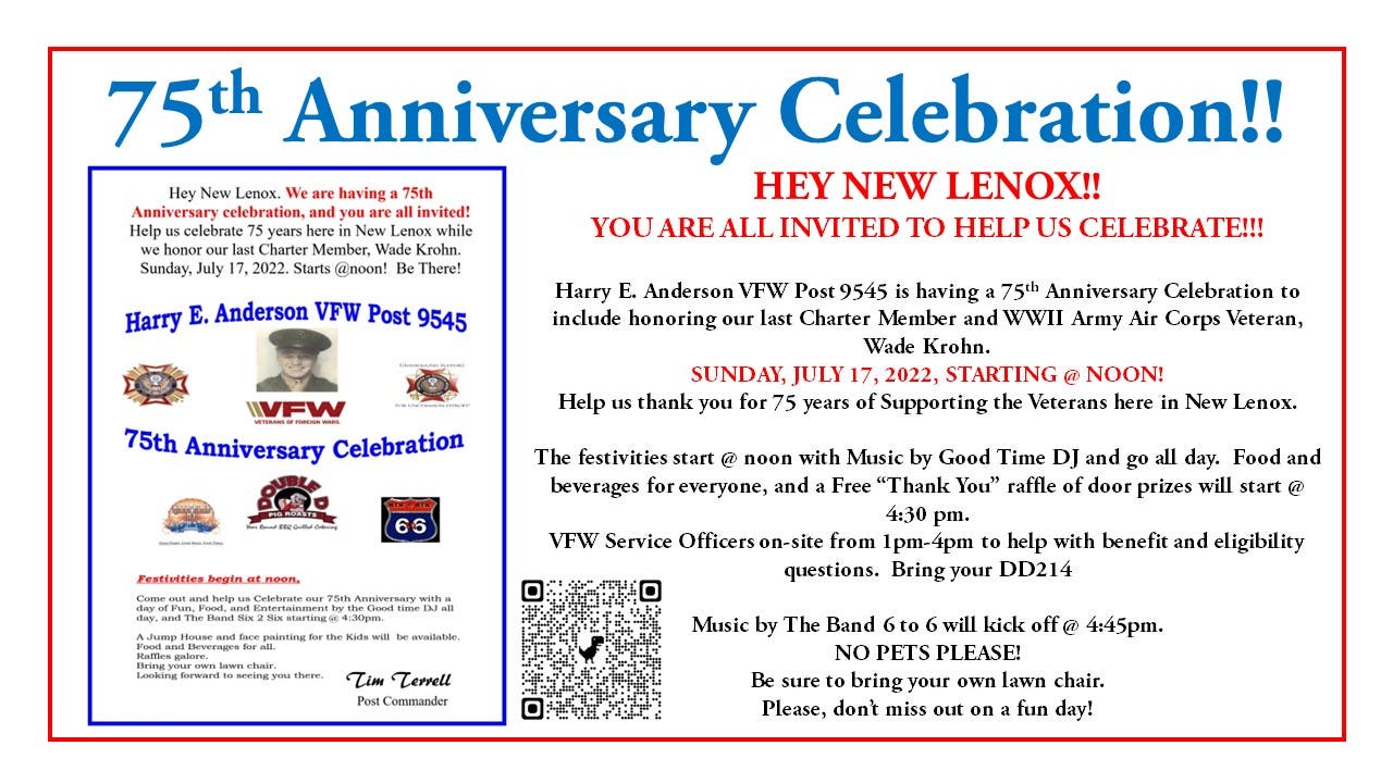 Jul 17 NL VFW Post 9545 75th Anniversary Celebration EVERYONE IS 
