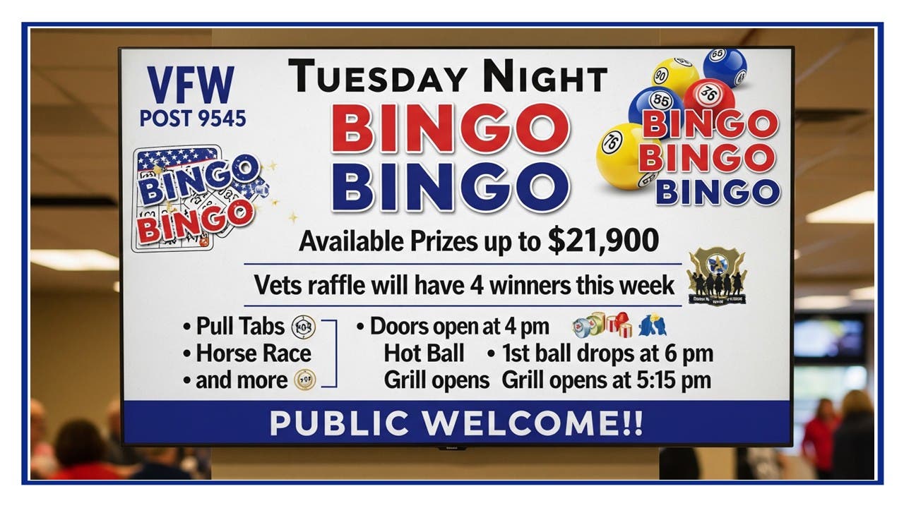 NL VFW Tue Bingo Up to $21,900 in Prizes -Vets Raffle-4 Winners this week!!