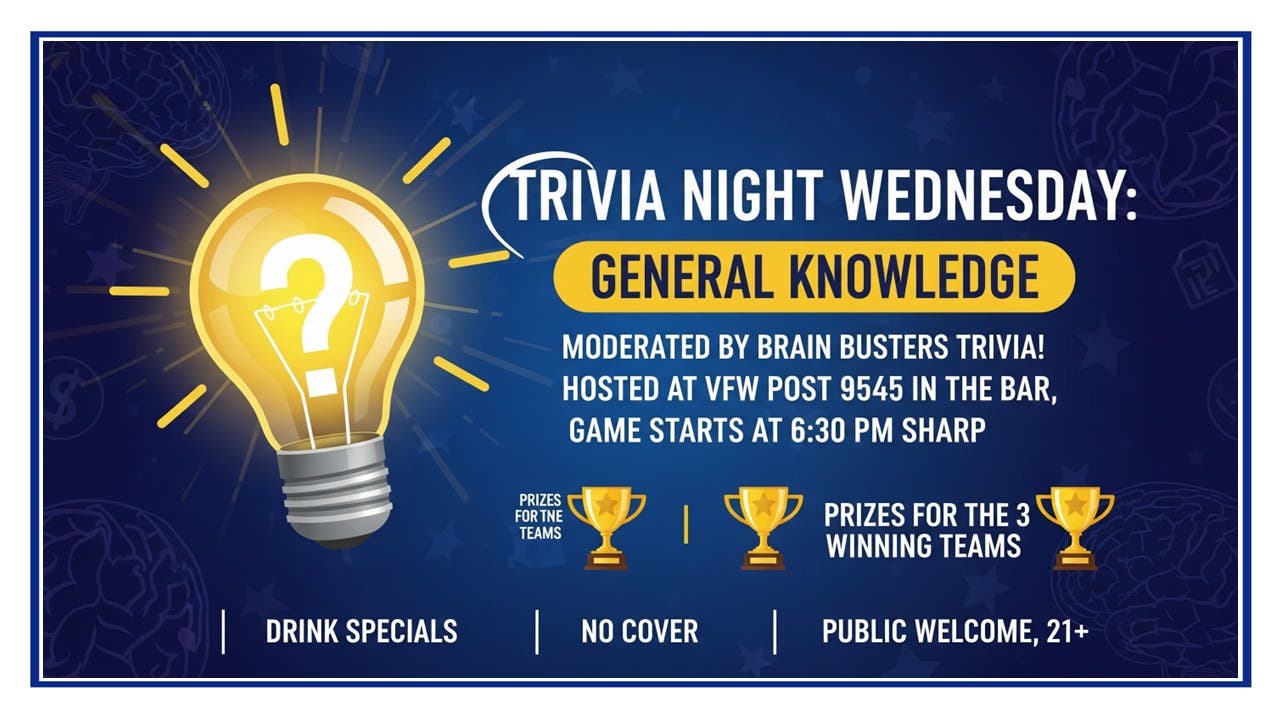 NL VFW  Trivia Night Wednesday in the Bar "General Knowledge". NO COVER, PUBLIC WELCOME!! 21+