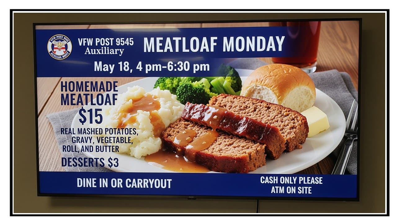 NL VFW Meatloaf Monday by Post 9545 Auxiliary. Dine-in or Carry-out. The Public is Welcome!