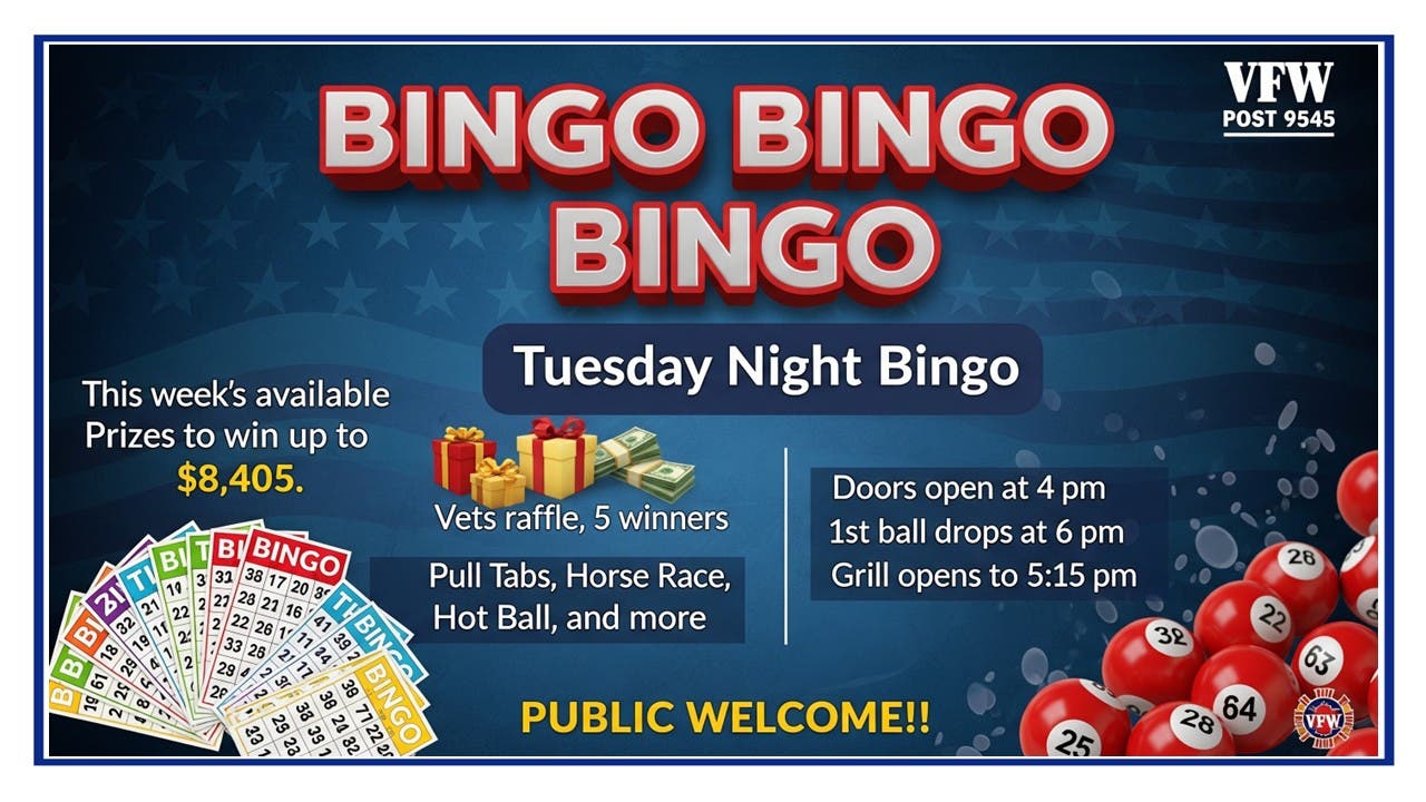 NL VFW Tue Bingo Up to $8,405 in Prizes -Vets Raffle-5 Winners this week!!