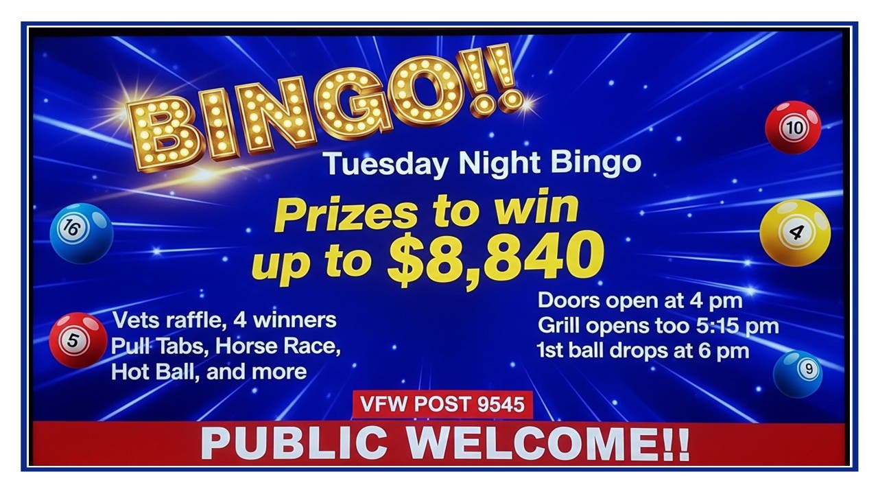 NL VFW Tue Bingo Up to $8,840 in Prizes -Vets Raffle-4 Winners this week!!