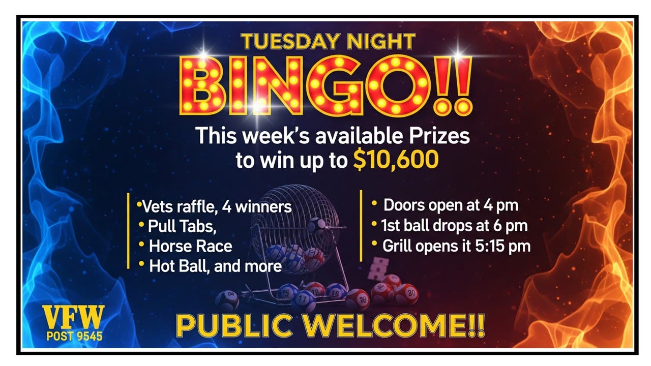 NL VFW Tue Bingo Up to $10,600 in Prizes -Vets Raffle-4 Winners this week!!