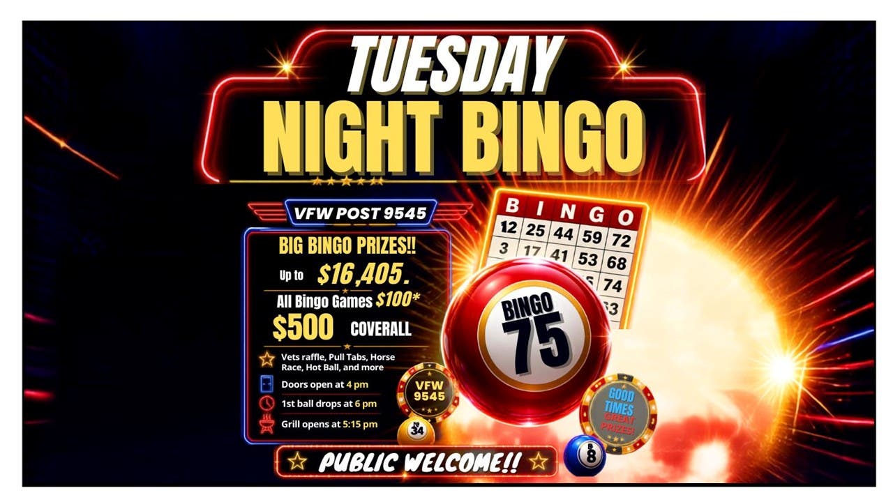 NL VFW Tue Bingo Up to $16,705 in Prizes -$100 Bingo Prizes*, $500 Coverall** Public Welcome!