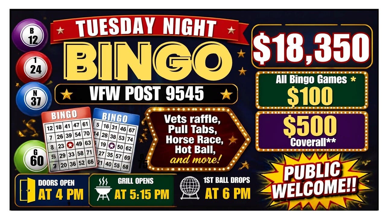 NL VFW Tue Bingo Up to $18,350 in Prizes -$100 Bingo Prizes*, $500 Coverall** Public Welcome!