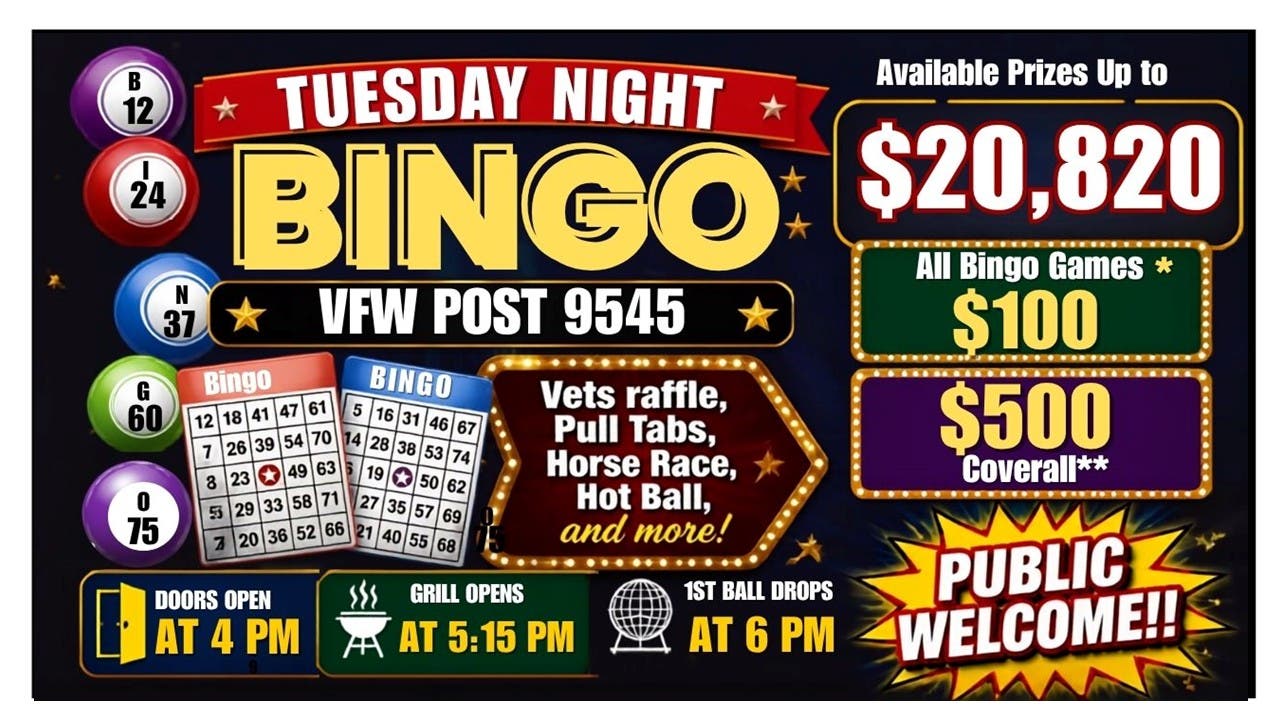NL VFW Tue Bingo Up to $20,820 in Prizes -$100 Bingo Prizes*, $500 Coverall** Public Welcome!