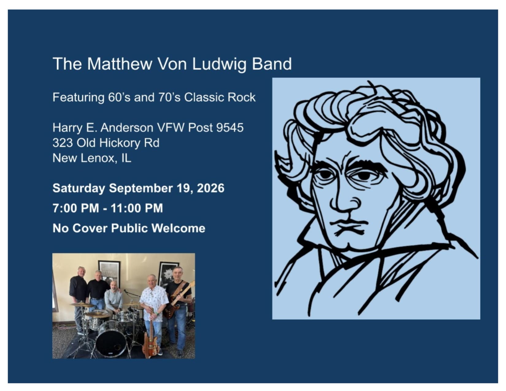 NL VFW: Playing in the Bar, “Matthew Von Ludwig Band” Saturday, 7 pm, No Cover, Public Welcome 21+