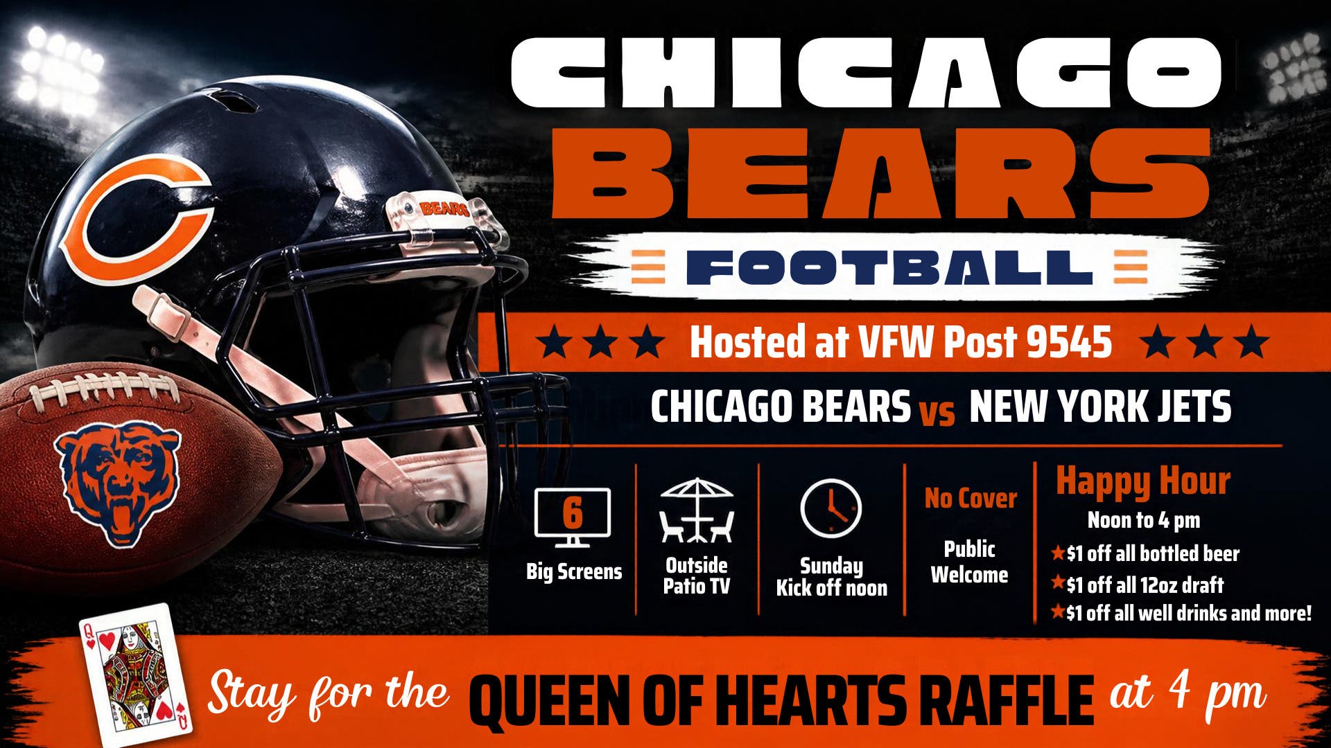 NL VFW Chicago New York Jets vsChicago Bears Happy Hour at NOON.  NO COVER PUBLIC WELCOME 21+