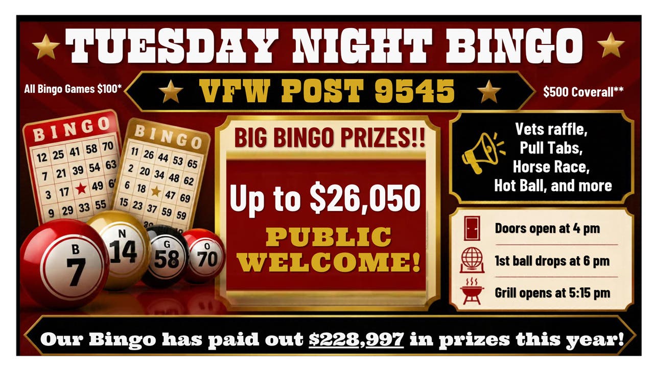 NL VFW Tue Bingo -$228,997 in prizes paid out this year!  Public Welcome!!