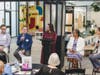 AECF's Amanda Jaquez, moderates the Pittsburgh Homes Project panel with (l-r) Andrew P. Stewart Center's Clayton Davis, Atlanta Neighborhood Development Partnership's Jay Perlmutter, Atlanta Land Trust's Karen Babino and HouseATL's Natallie Keiser.