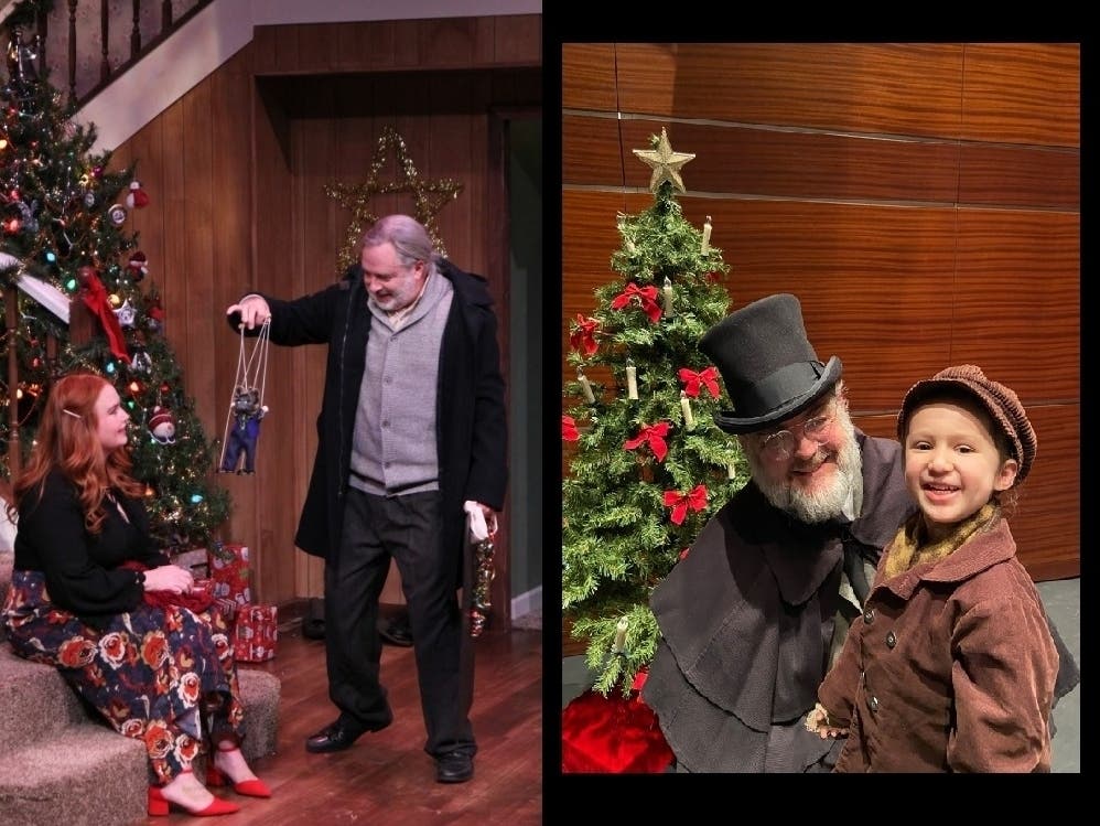 L: Katelyn McKeon and Robert Jordan Bailey in "Season's Greetings;" R: William P. Schumacher as Scrooge and Vivienne de Leon as Tiny Tim in "A Christmas Carol."