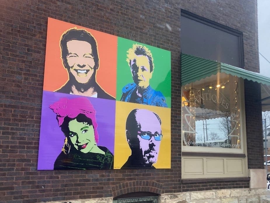 Glen Ellyn Pop Art Challenge Mural featuring Glen Ellyn's own Sean Hayes, Laurie Anderson, Katherine Dunham and Jeffery Deaver. Artwork created by Geoffrey Bevington.