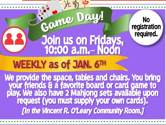 Emma Clark Library will now be offering "Game Days" for adults every week, starting in January.