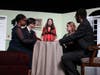 The séance scene from the SHS production of Blithe Spirit. From left to right: Kathnie Fabre (Mrs. Bradman); Nicholas Ferrari (Charles); Margaret Shumann (Madame Arcati); Mackenzie Snyder (Ruth); and Sebastian Rivera (Dr. Bradman). 