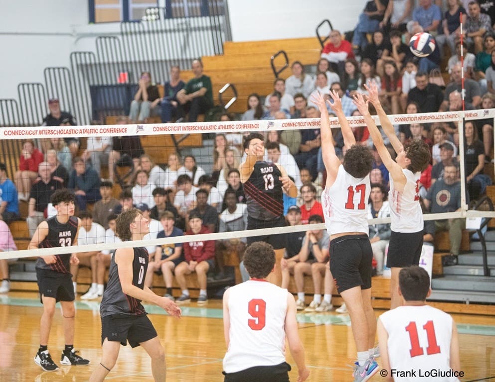 #13 CHS Student-Volleyball Athlete & Tri-Captain Jason Cafourek Gets The Ball Over The Net Past Masuk For Another Point.  To The left of Cafourek is #33 Jacob Daddona  and Will Allen