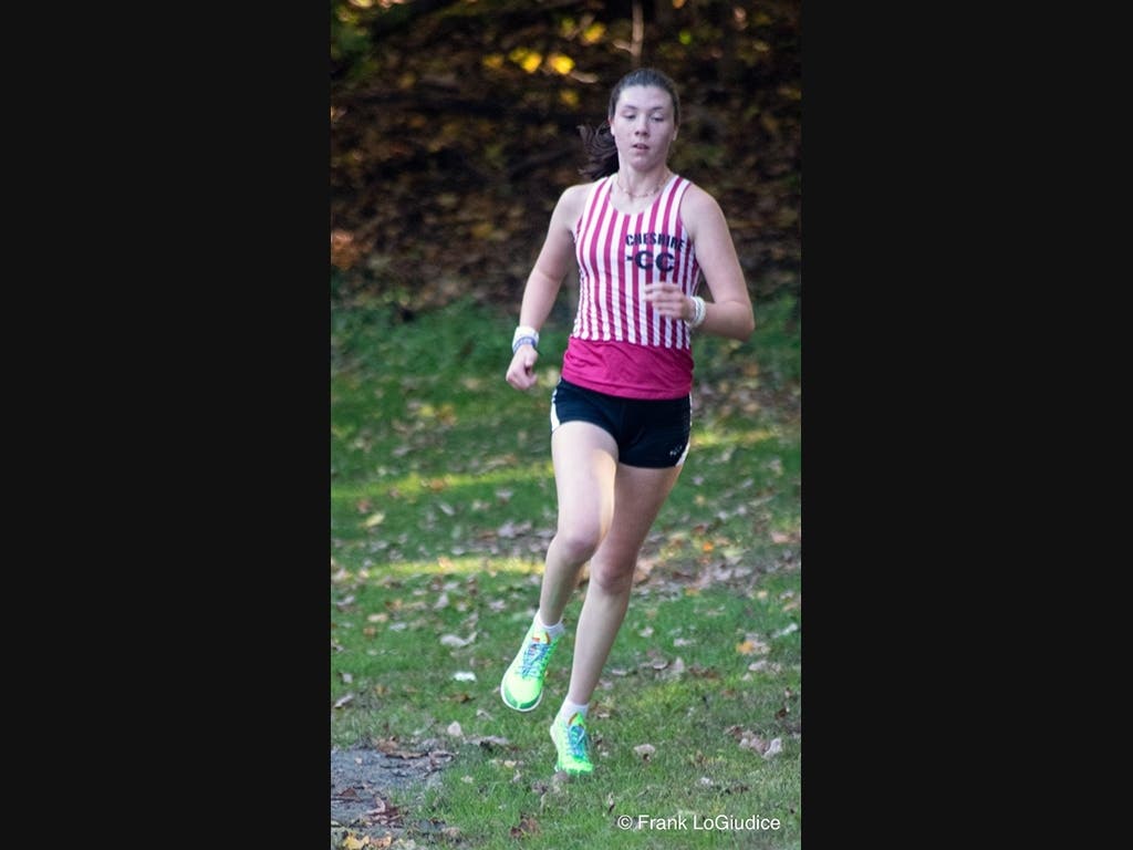 CHS Student CC Athlete Senior & Tri-Captain Alexa Ciccone Runs Ahead Of The Pack At The 10-13-23 Cheshire Park Meet.  She Came In 1st Place Time 18:52.  Her Team Won 1st Place