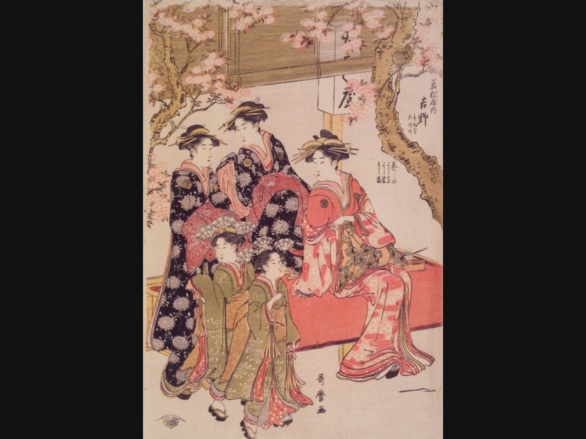 Kitagawa Utamaro (Japanese, 1753–1806). Courtesans Strolling Beneath Cherry Trees Before the Daikokuya Teahouse, probably 1789. 