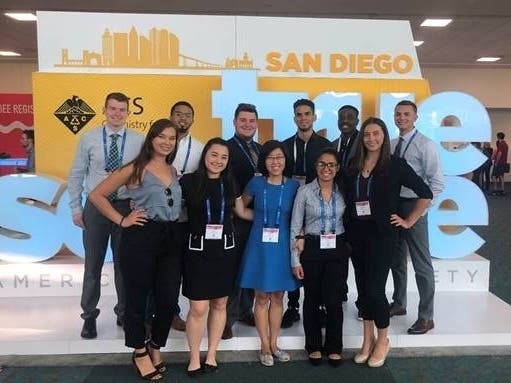 From front left, Regan Warmoth ('20 Biochemistry), Lynnie Chong ('21 Biochemistry), Research Mentor, Dr. Sunghee Lee, Escarlin Perez ('22 Biochemistry), Marnie Skinner ('20 Biochemistry), from back left, Patrick Scollan ('21 Chemistry), Juan Rosario ('21 