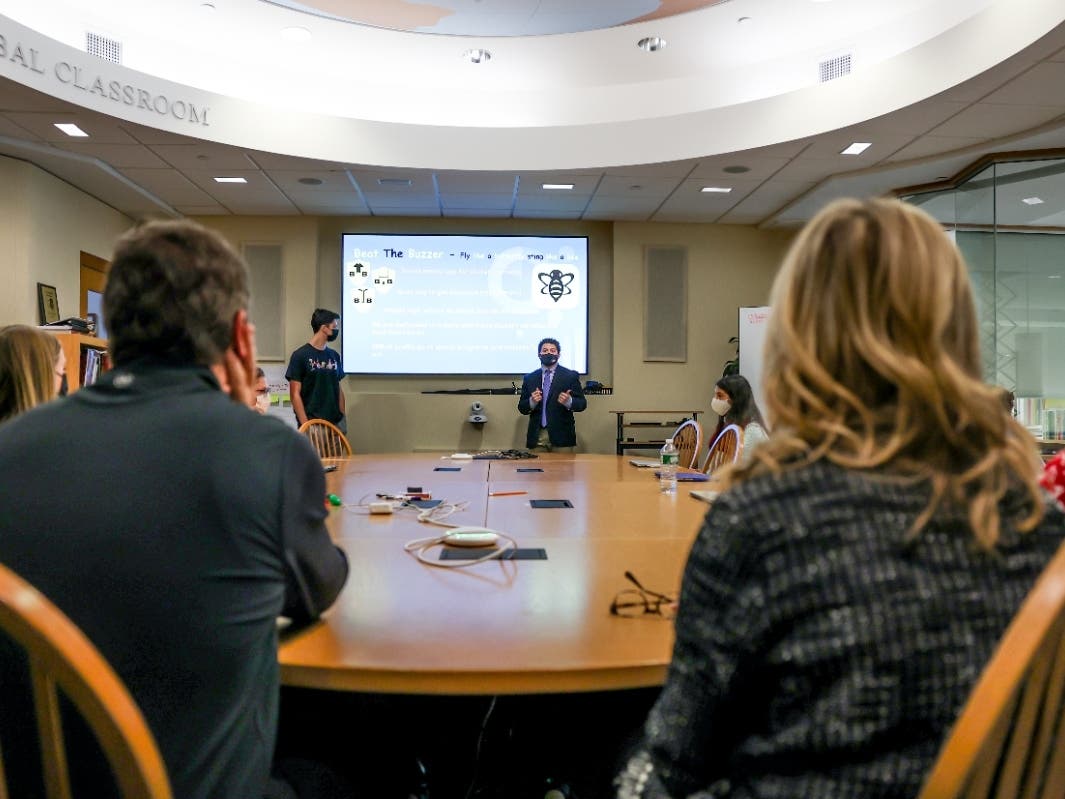 Christopher Wearing and Matthew Sherter, seniors at St. Luke's School in New Canaan, present their business concept.