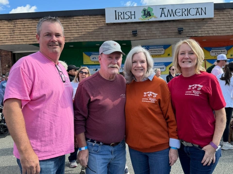 Woburn Friends of VNA Hospice & Palliative Care Co-Chairs Brian Kelley (left) and Jamie Kelley (right) with their parents Brian and Deborah Kelley will be among the supporters at Step Out for Hospice this Sunday at the Irish American Club of Woburn.