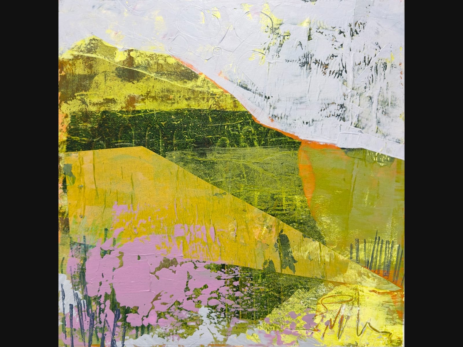 Artist is Fawn Bailey 
Title: Lavender Lucidity
Medium: acrylic and collage on wood
Selected for this year's cover art for Marin Open Studios tour guide