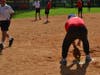 Runner scores at alternate "home plate" during game action at North Shore Park, just one of the many modifications made to make Kids and Kubs softball safe for 74+ senior citizens.