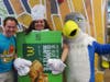 Robert Frost Principal Jeff Brusso, School Secretary Carmina Martinez and school mascot Frankie the Falcon