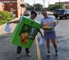 Mrs. Dorherty, Dressed as an Apple Pie, and Mrs. Serbick, as Pie Helper have fun selling pies at McTeacher's Night 