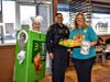 Pie Teacher Pelinski and Pie Helper Viverito were happy to see Officer Ramirez showed up to help support the school's fundraiser