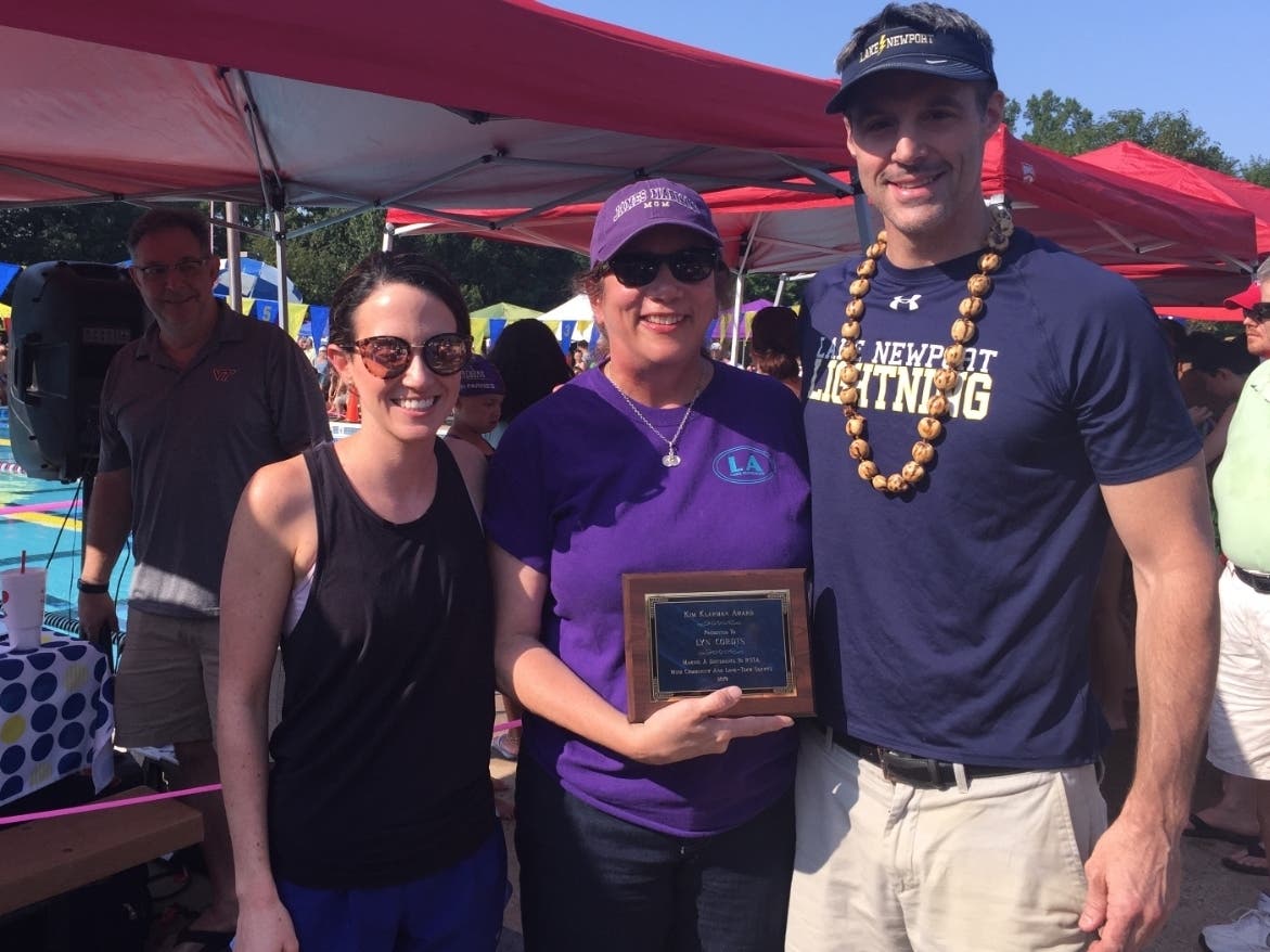 Lyn Fiscus Cordts (center) was presented the award by Kim Klarman's daughter, Jillian Klarman (left), and RSTA Vice President, Terry Redican (right).