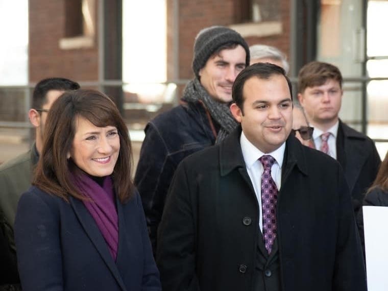 Marie Newman and Abe Matthew at a joint press conference announcing that he is dropping out of the IL-3 District Democratic primary and endorsing Newman.