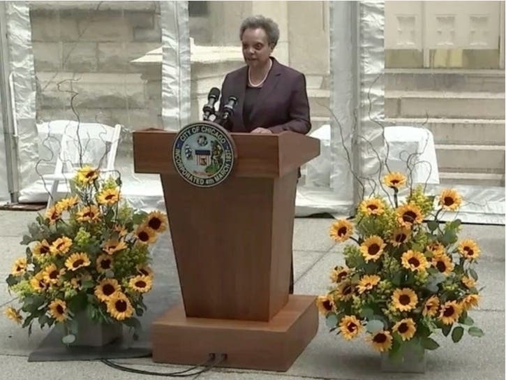 Mayor Lori Lightfoot at a past news briefing on COVID-19.