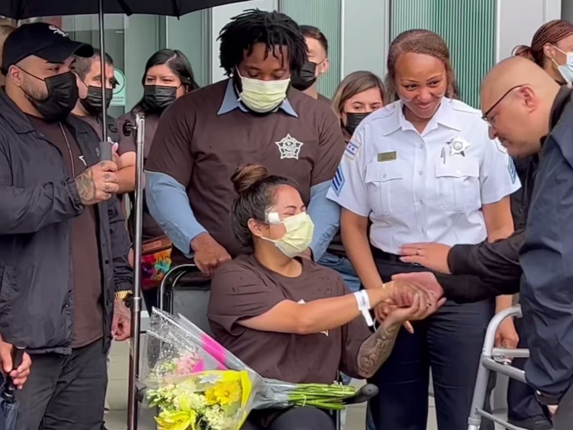 Chicago Police Officer Fernanda Ballesteros, 27, leaves University of Chicago Medical Center Monday after she was shot in the line of duty on the South Side. 
