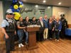 Ald. Matt O'Shea, CPMF Executive Director Phil Cline and Julie Harrigan, owner of Original Pancake House, kick off the "Paint the Town Blue" campaign on May 12.