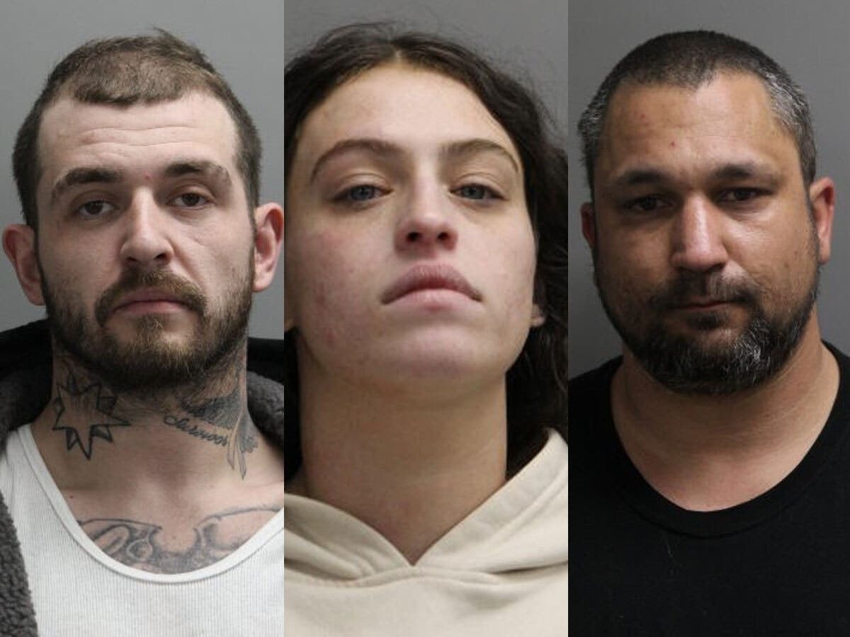 (Left to right) Ryan Scanlon, 29, of Chicago Ridge, Kelly Roth, 27, of Palos Heights, and Franklin Buttron, 38, of Worth, all believed to be part of a mail theft crew. 