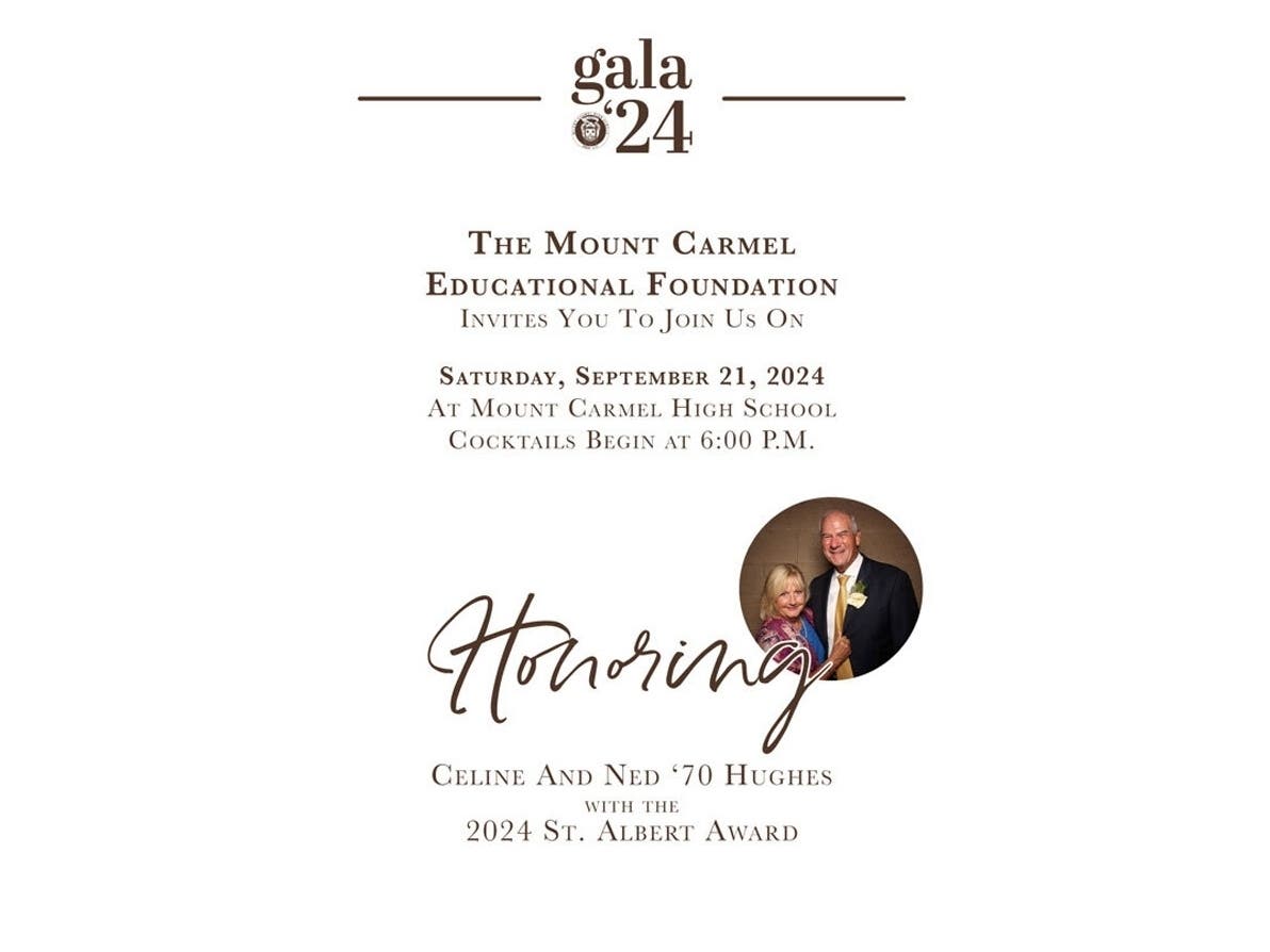 Mount Carmel alumnus Ned '70 and Celine Hughes, will receive the St. Albert Award at the Caravan Gala, Saturday, Sept. 21.
