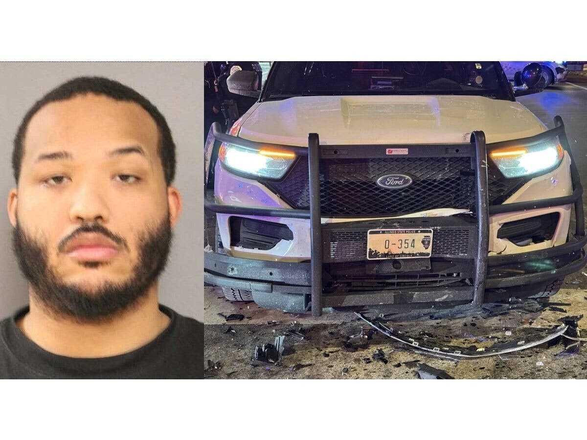 Demarko Hill, 29, who is facing multiple felonies after he allegedly crashed into an Illinois State Police vehicle driving a stolen BMW.