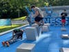 A Moraine Valley cross-country member demonstrates the National Fitness Campaign outdoor fitness court in Palos Park.