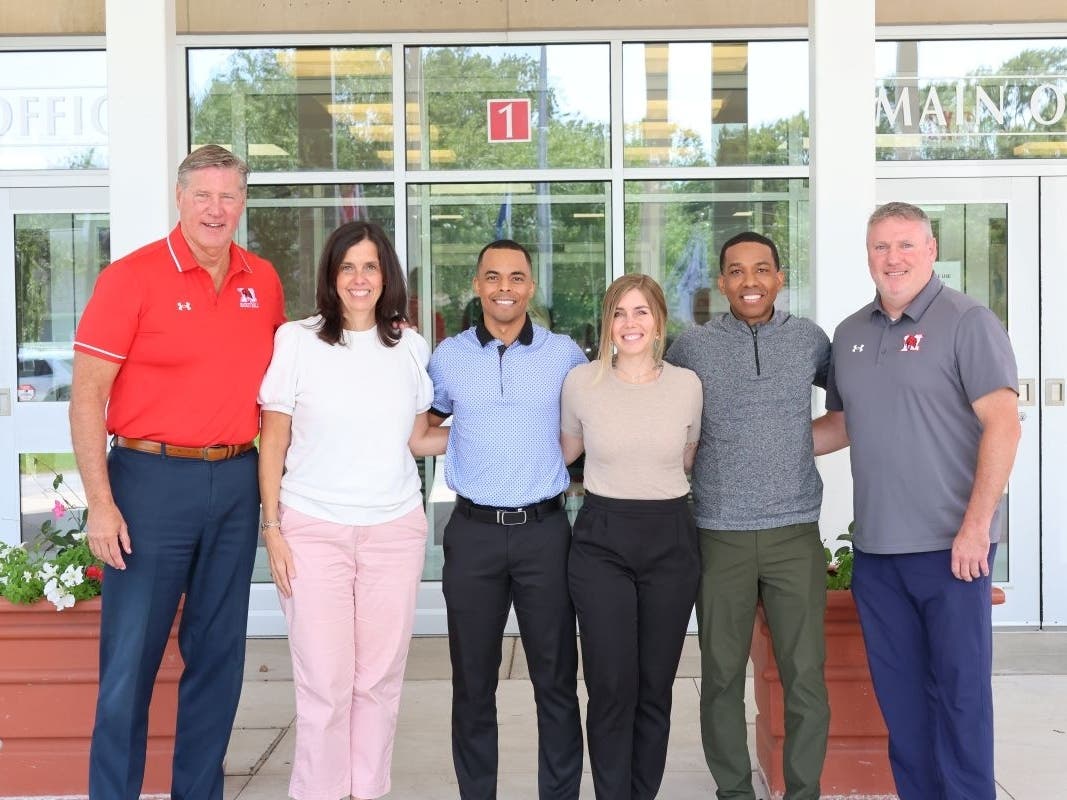 From left to right: Marist President Larry Tucker, Marist Principal Meg Dunneback, Kendrique Coats, Dr. Jessica Hardiman, Dr. Amand Hardiman, and Marist Athletic Director Pat Fleming, who launched a 5-month pilot "Whole Athlete Initiative."